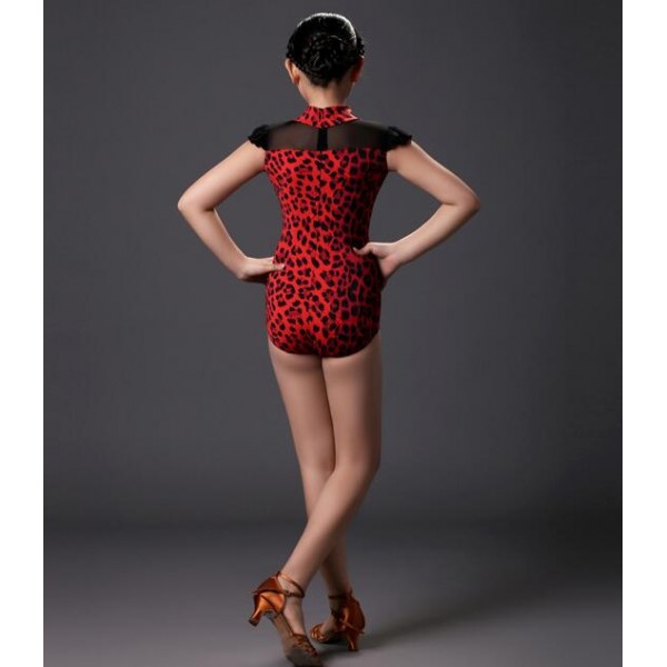 Red leopard printed black colored girls kids toddlers sleeveless turtle  neck competition professional practice leotard latin salsa cha cha dance