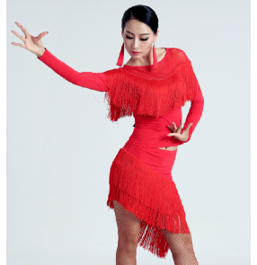 Red long sleeve tassel Latin dance skirt