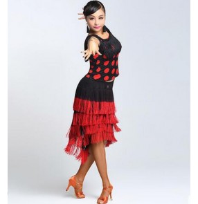 Red polka dot white polka dot sleeveless women ladies female competition professional tassels latin samba salsa cha cha dance dress split set top and tassels skirts