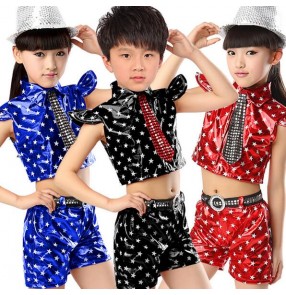 Red royal blue black star printed pu leather girls boys toddlers child children kids stage performance modern dance jazz ds dj singer hip hop dance costumes clothes