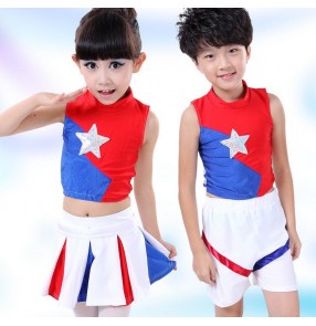 Red royal blue white patchwork colored girls kids child children toddlers gymnastics practice exercises cheerleading  stage performance dance costumes split set