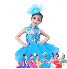 Red royal blue yellow green fuchsia white sky blue paillette Girls child children kids baby modern stageperformance jazz dance costumes latin dance dresses