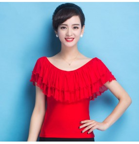 Red ruffles layers neck women's female ladies competition performance professional ballroom latin salsa dance tops blouses