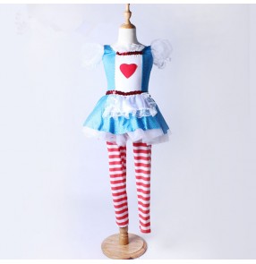 Red striped blue patchwork puff sleeves girls kids children cosplay stage performance leotards unitard bodysuits modern dance jazz dancing outfits