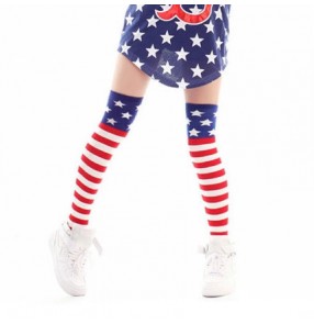 Red white blue star striped stripy knee thigh high length women's ladies girls female stage performance hip hop jazz dance long length socks 