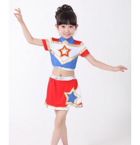 Red white patchwork girls boys kids child children baby toddlers growth cheerleading  modern dance cos play hip hop street dance sports dance gymnastics practice dance costumes 