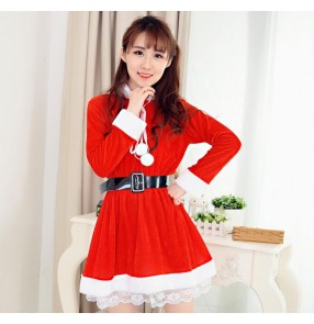  Red with white patchwork velvet long sleeves girls women's stage performance Halloween Christmas party performance cos play mrs Santa hoodies outfits dresses