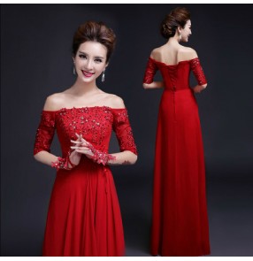 Red Women's lady beaded lace red A-ling long length Dew shoulder short sleeves evening dress wedding party bridal dress