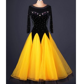 Rhinestones black  and  neon yellow patchwork long sleeves round neck women's ladies female competition professional ballroom tango waltz tango dance dancing dresses 