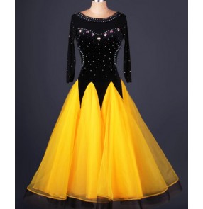 Rhinestones black  and  neon yellow patchwork long sleeves round neck women's ladies female competition professional ballroom tango waltz tango dance dancing dresses 