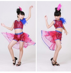 Royal blue  and fuchsia patchwork Girls kids child children baby with tail fabric paillette sequins stage performance modern dance jazz dance dresses top and shorts costumes 