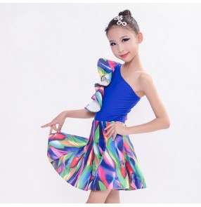Royal blue and hot pink green printed patchwork one shoulder inclined neck girls kids children school play competition professional latin cha cha dance dresses outfits