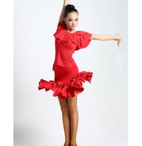 Royal blue black red colored women ladies female competition professional short sleeves  latin dance dresses split set top samba salsa rumba and skirts