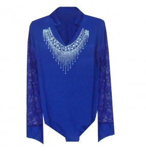 Royal blue colored long sleeves mens mans men's male v neck rhinestones competition professional latin ballroom waltz tango dance shirts tops 