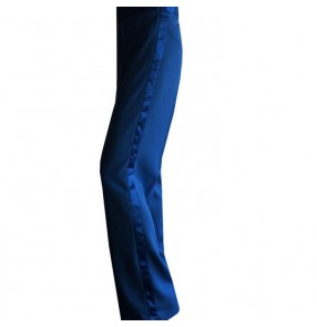 Royal blue colored male mens mans men's long length competition professional practice silk side ribbon Ballroom  latin samba salsa cha cha dance pants dancers trousers