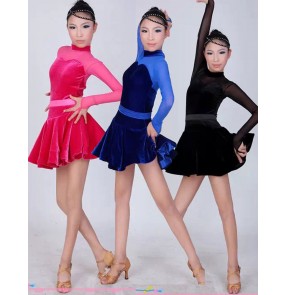 Royal blue fuchsia black Girls child children mesh fabric long  sleeves velvet turtle neck competition latin ballroom dance dresses