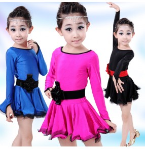 Royal blue fuchsia black Girls long sleeves competition exercises latin dance dresses ballroom salsa cha cha dance dresses with sashes