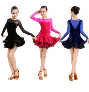 Royal blue fuchsia black velvet  long sleeves Kids children girls  latin dance dresses ballroom dance salsa dresses
