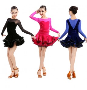 Royal blue fuchsia black velvet  long sleeves Kids children girls  latin dance dresses ballroom dance salsa dresses