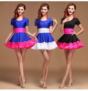 Royal blue fuchsia black white patchwork colored women's ladies short sleeves swing skirts exercises competition latin samba salsa cha cha rumba dance dresses