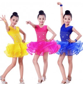 Royal blue fuchsia gold yellow rhinestones girls kids child children toddlers sleeveless backless competition professional latin salsa cha cha rumba samba dance dresses 