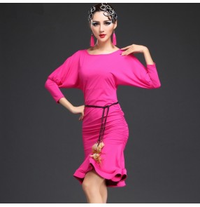 Royal blue fuchsia hot pink black batwing fish bone hem loose sleeves women's ladies performance competition latin ballroom dance dresses outfits costumes