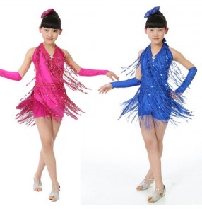 Royal blue fuchsia hot pink glitter fringes sequins leotards girls kids children Spandex stage performance ballroom latin dance dresses outfits