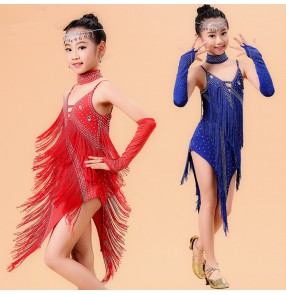 Royal blue fuchsia red black fringes rhinestones girls kids child children toddlers practice competition professional latin salsa cha cha dance dresses 