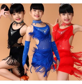 Royal blue fuchsia red black tassels rhinestones girls kids child children toddlers competition gymnastics professional latin cha cha salsa ballroom dance dresses