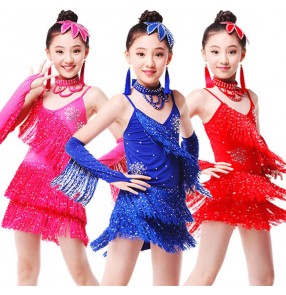 Royal blue fuchsia red colored Girls kids child chilren baby competition professional tassels with gloves choker headdress latin dance dresses samba cha cha salsa dresses 