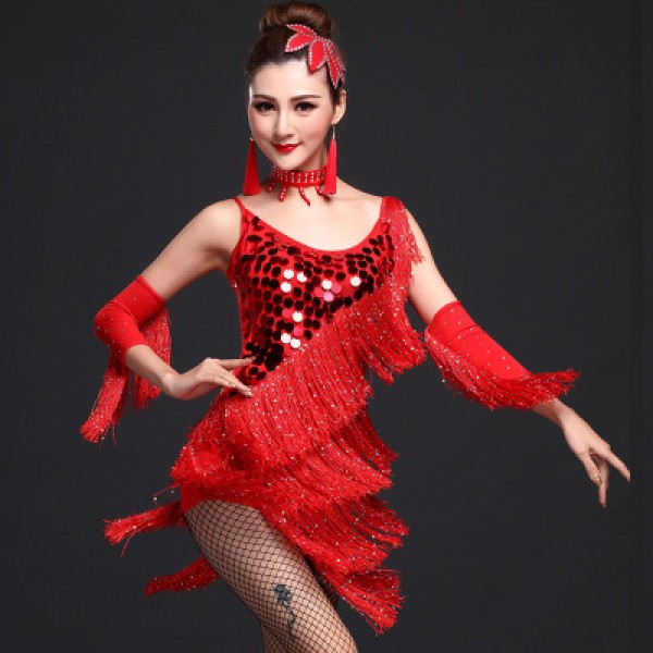 Girls red colored sequin tassels modern dance latin dance dresses samba  chacha salsa dance skirts dresses- Material:polyester( stretchable  fabric)Content 