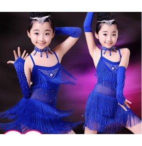 Royal blue Girls children child kids baby fringe rhinestones diamond sleeveless strap competition exercises professional latin salsa dance dresses