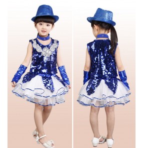 Royal blue god yellow Girls kids children child baby sequin paillette modern dance stage princess performance jazz dance costumes dresses 