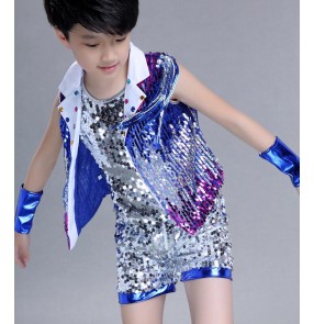 Royal blue gold yellow silver patchwork sequined paillette boys child children teen growth toddlers modern dance jazz hip hop dance costumes outfits