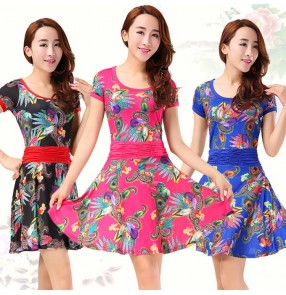 Royal blue green fuchsia floral printed colored women's ladies female short sleeves competition professional practice latin samba salsa cha cha dance dresses