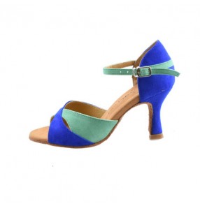  Royal blue green patchwork colored women's ladies female soft  genuine leather sole  latin samba salsa cha cha tango waltz dance shoes 7.5cm heel height