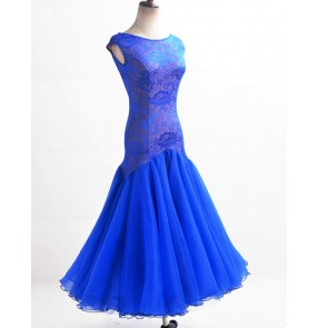 Royal blue lace flower double layers women's ladies female sleeveless backless competition standard ballroom waltz tango dance dresses dancer costumes