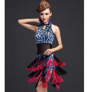 Royal Blue leopard brown tiger white and black zebra  patchwork sleeveless fringes womens women's ladies female competition professional latin dance salsa cha cham rumba samba stage performance dresses 