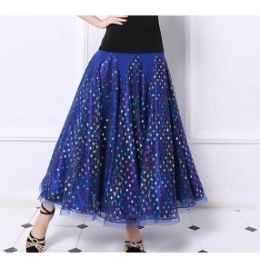 Royal blue polka dot rainbow sequins women's ladies female competition performance ballroom tango waltz dance skirts 