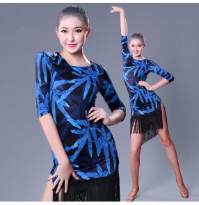 Royal blue printed black middle long sleeves fringes tassels side split women's fashion sexy competition performance latin ballroom cha cha dance dresses outfits
