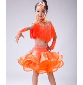 Royal blue purple violet orange fringes tassels girls kids children stage performance competiiton professional latin salsa samba ballroom dance dresses outfits