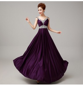 Royal blue purple wine red Women's lady diamond strap shoulder A-line long length evening dress wedding party bridal dress