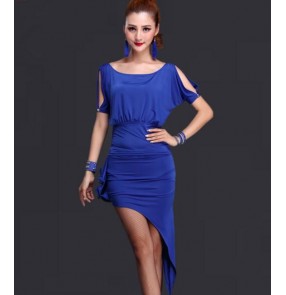 Royal blue rec black women's ladies female short exposure shoulder  sleeves exercises practice competition latin dance salsa samba cha cha dance dresses split set 