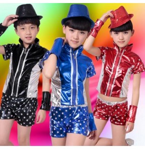 Royal blue red black with stars patchwork girls kids boys child children toddlers kindergarten baby stage performance hip hop street dance jazz dance singer dance costumes