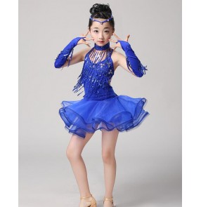 Royal blue red fuchsia fringe girls kids child children toddlers paillette competition stage performance latin salsa cha cha dance dresses costumes 