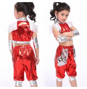 Royal blue red silver  colored patchwork paillette tassels girls kids children child  boys modern dance hip hop street dance stage performance jazz dj dance costumes split set top and shorts 