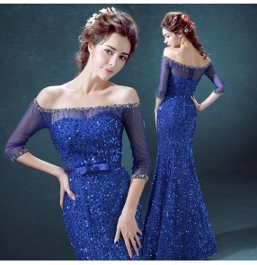 Royal blue sequins paillette rhinestones mermaid women's ladies female slash neck dew shoulder half length sleeves evening wedding party bridesmaid long length wedding gown evening dresses vestidos