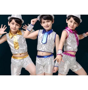 Royal blue silver fuchsia hot pink sequined patchwork boys kids child children toddlers baby kindergarten jazz dance costumes modern dance stage performance  outfits