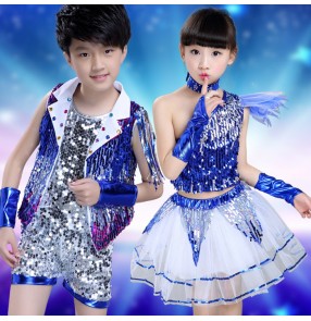 Royal blue silver gold silver patchwork sequined paillette girls kids child children toddlers one shoulder kindergarten modern stage performance jazz ds hip hop dance costumes dresses