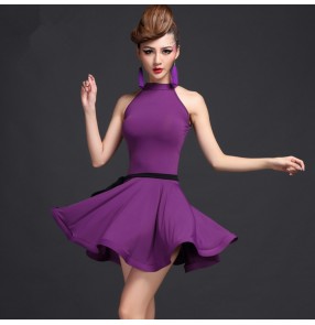 Royal blue violet purple black girls womens women's ladies female sleeveless halter competition professional latin salsa cha cha dance dresses